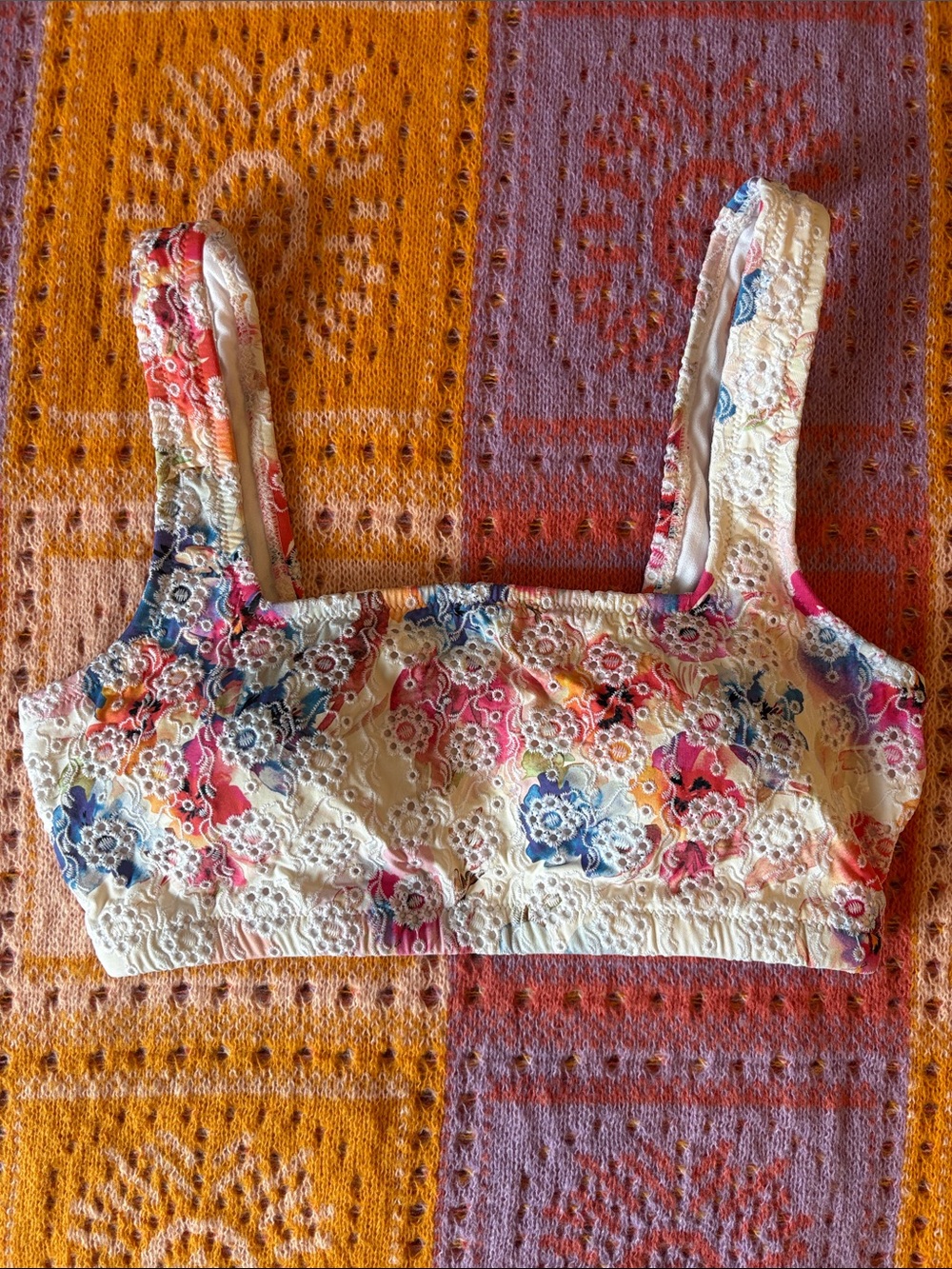 Johnny Was Summer Days Multi-Color Floral Eyelet Square-Neck Bikini Top Size S